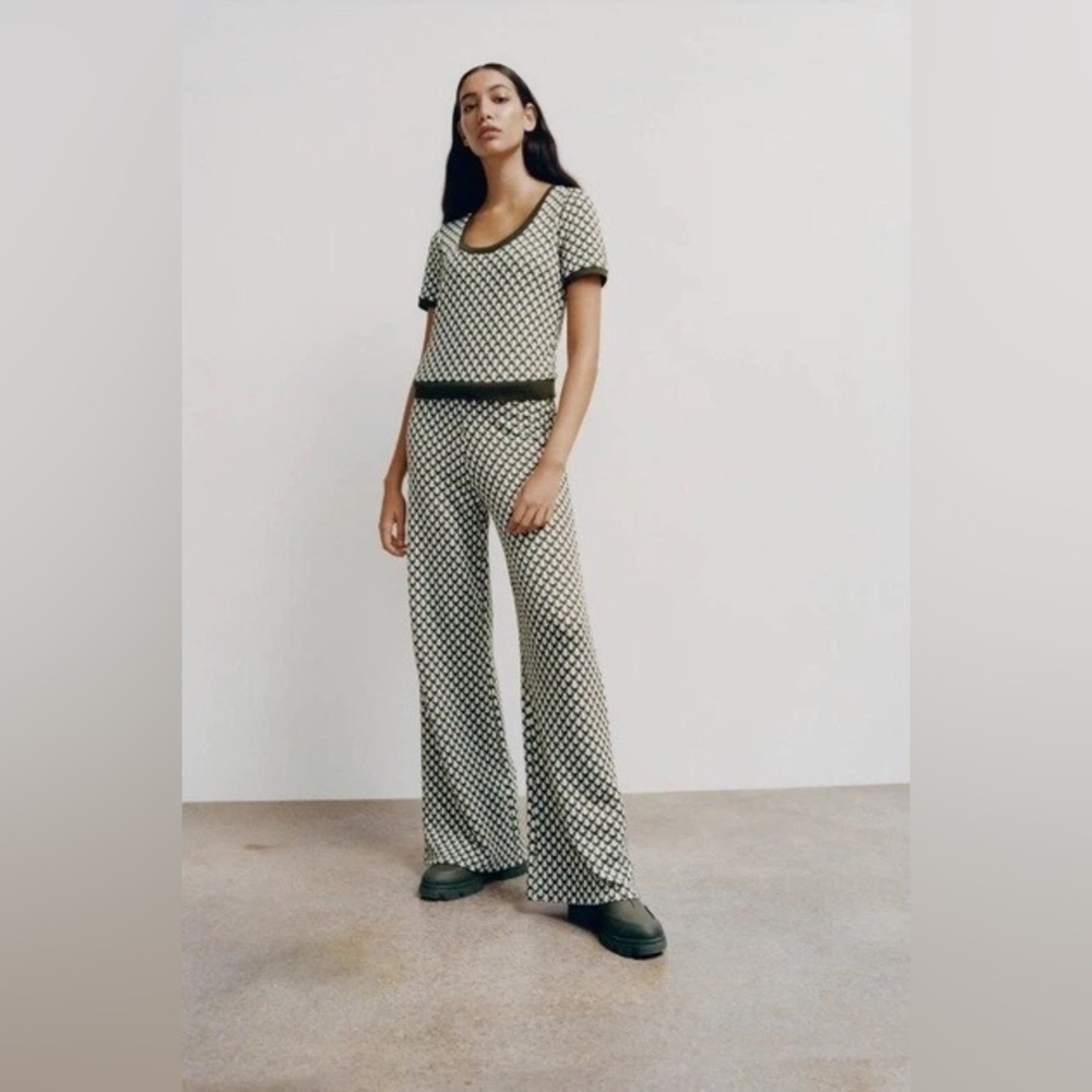 Zara Green Geometric Jacquard Knit 2 Pc Coord Matching Set High Waist Pant S Top